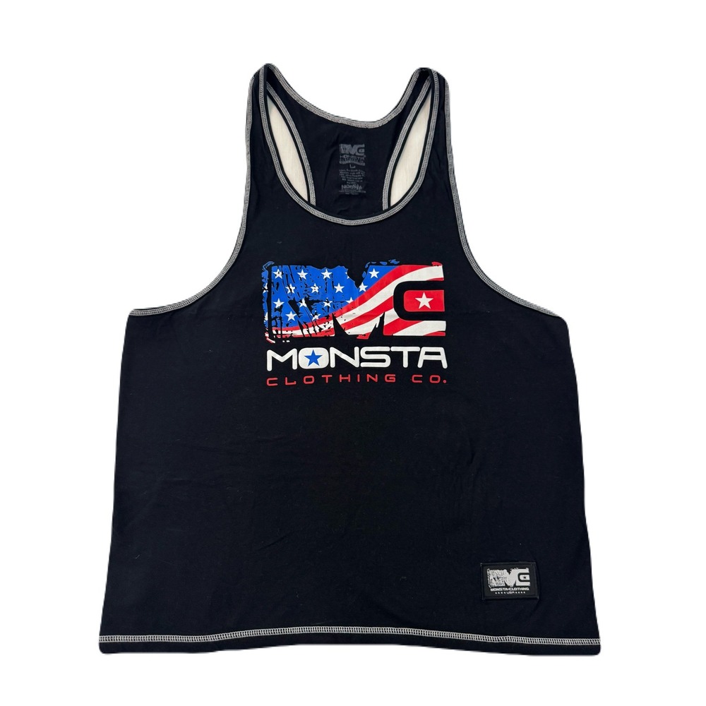 Monsta Clothing USA Flag Bodybuilding Racerback Tank Black L Made in USA